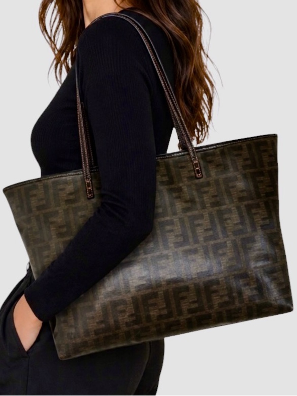 FENDI FF Brown Zucca Pattern Shoulder Tote
